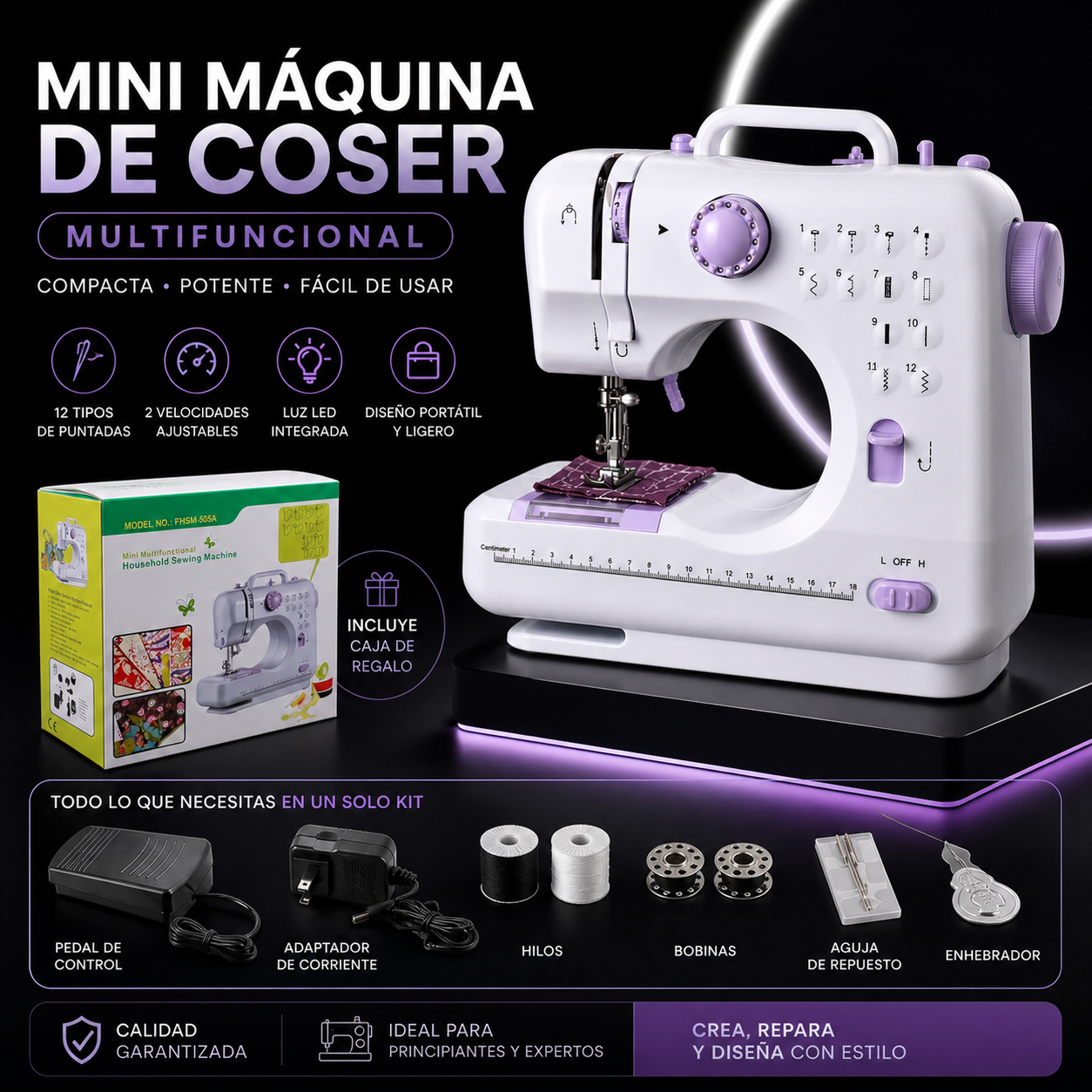 Mini Máquina de Coser Multifuncional Portátil 12 Puntadas + Kit Completo