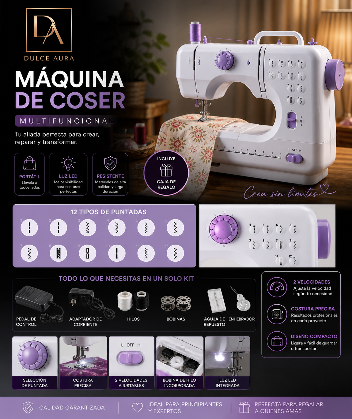 Mini Máquina de Coser Multifuncional Portátil 12 Puntadas + Kit Completo