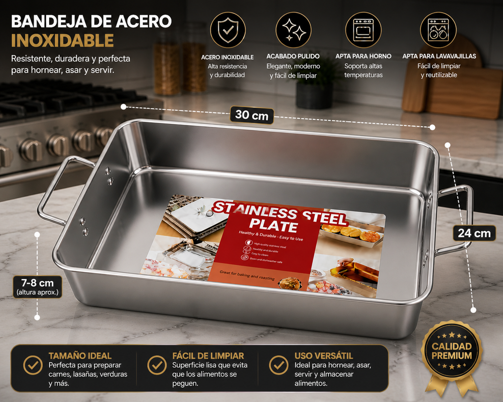 Bandeja de Acero Inoxidable Premium | 30×24 cm para Horno y Cocina
