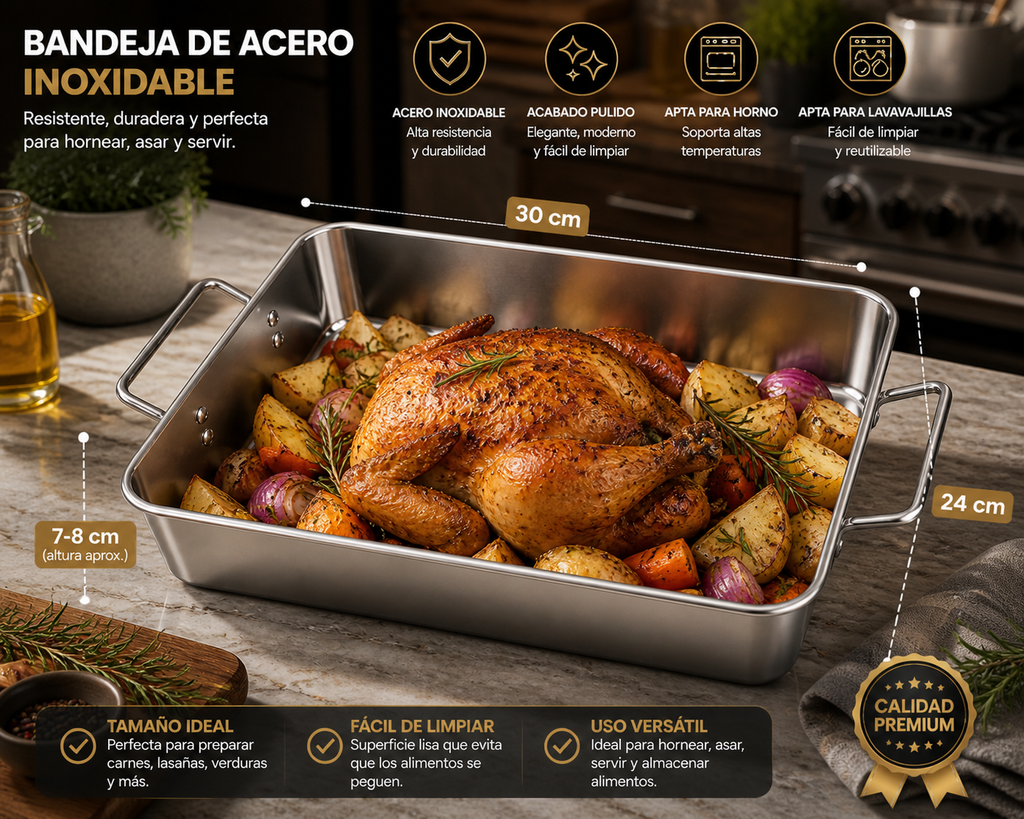 Bandeja de Acero Inoxidable Premium | 30×24 cm para Horno y Cocina